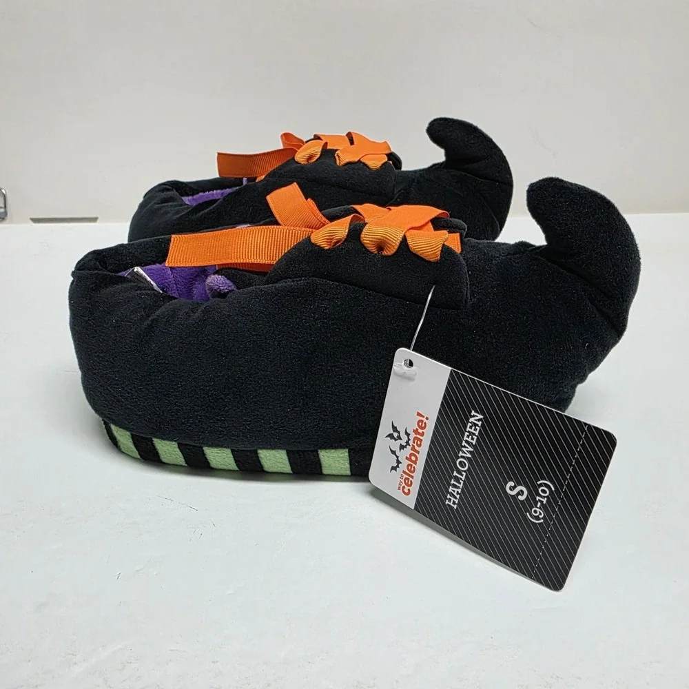 Halloween Witch Slippers Kids Size S 9-10 Black Orange Laces Pointed Toe New‎